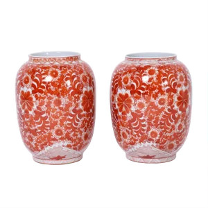 Pair of Chinese Red and White Porcelain Jars or Vases