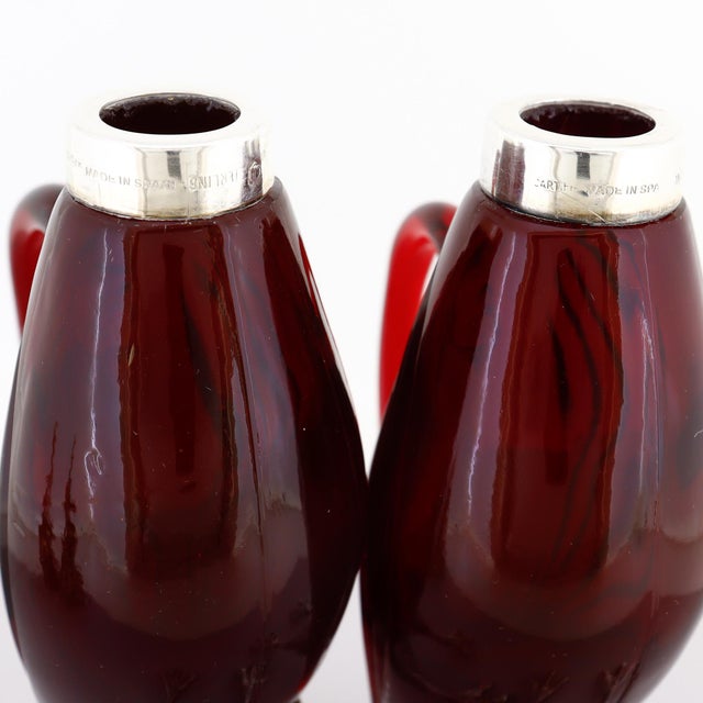 Pair Cartier Sterling Silver & Ruby Red Cut Glass Oil & Vinegar Cruet Decanters For Sale - Image 13 of 18