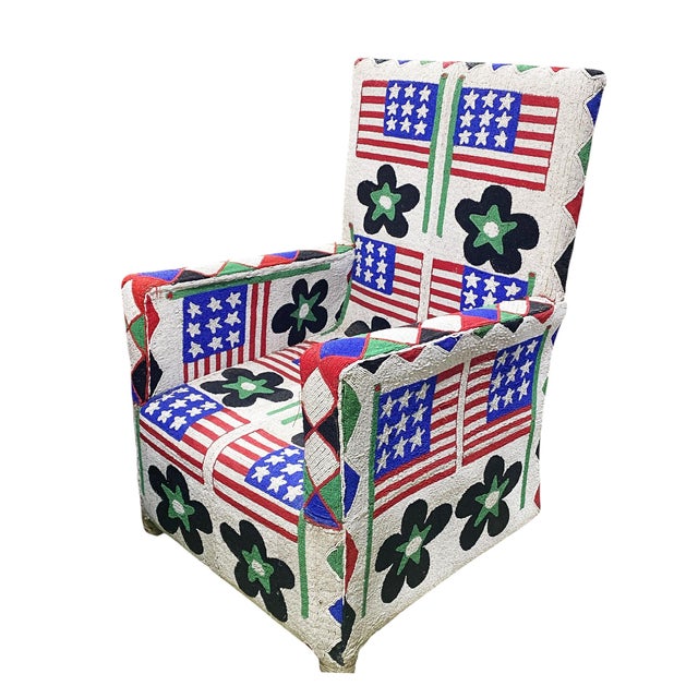 White Vintage African Nobility Nigerian Yoruba Beaded ArmChair W/ Stylized American Flags. For Sale - Image 8 of 11