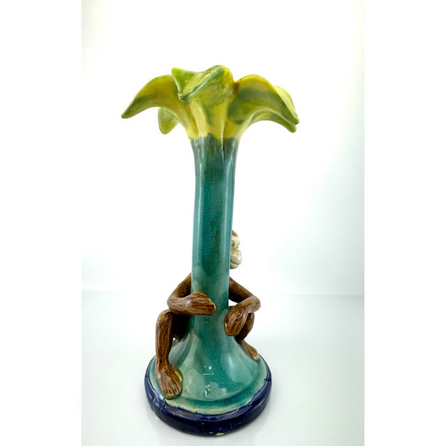1960s Vintage Majolica Style Monkey Vase With Fluted Lily Form Rim For Sale - Image 5 of 10