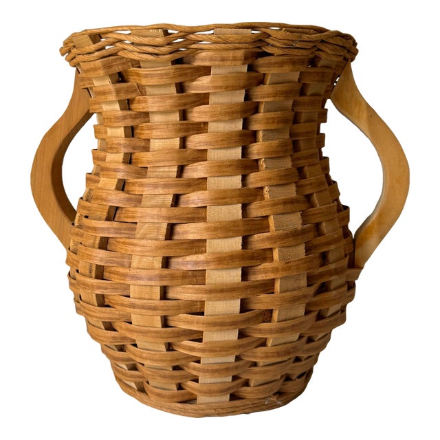 Vintage Oversized Woven Double Handled Floor Vase For Sale