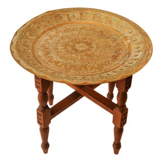 Handcrafted Folding Tea Table with Brass Tray from Liberty of London, 1900s, Set of 2 For Sale