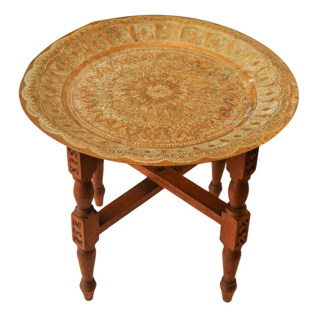 Handcrafted Folding Tea Table with Brass Tray from Liberty of London, 1900s, Set of 2 For Sale