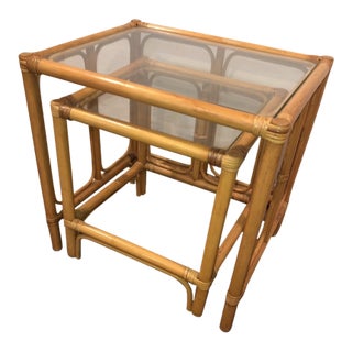 Vintage MCM Boho Rattan Bamboo Glass Wicker Nesting Tables For Sale