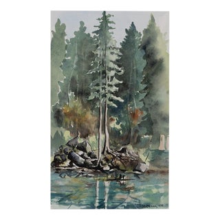 Jacques Noury, Trees Along the Riverbank, Watercolor For Sale