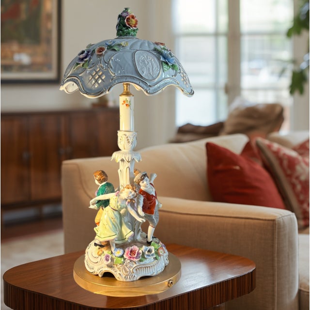 Dresden Porcelain Von Schierholz Porcelain Ring Around the Rosie Children Table Lamp Floral Lithophane Shade For Sale - Image 4 of 18