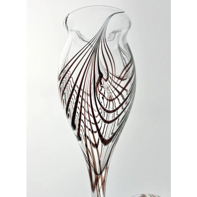 1970s Nancy Freeman Pair of Dark Maroon Feather Pulled Handblown Wine Glasses For Sale - Image 4 of 6
