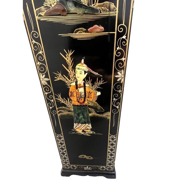 Paint Vintage Chinoiserie Black Lacquer and Soap Stone Maiden Umbrella Stand For Sale - Image 7 of 18