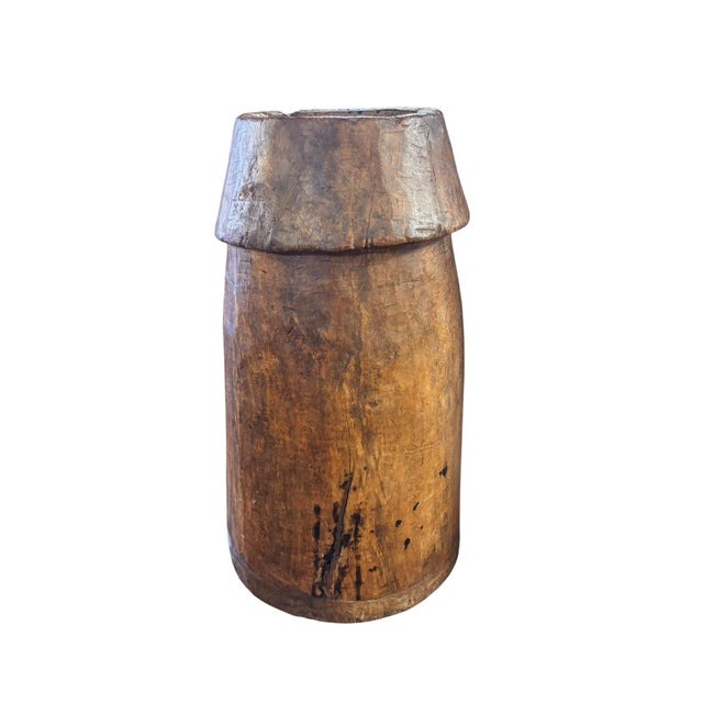 Striking antique primitive vessel, hand-carved and hollowed from a single substantial piece of wood, with three separately...