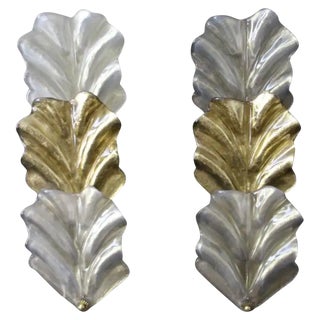 Gold and White Murano Glass Leaf Sconces in the style of Barovier, 1990s, Set of 2 For Sale