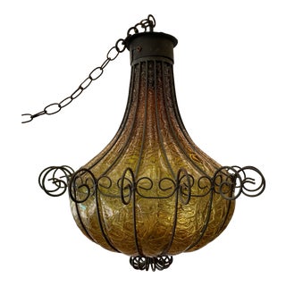 1950’s Spanish Swag Wrought Iron Caged Lamp For Sale