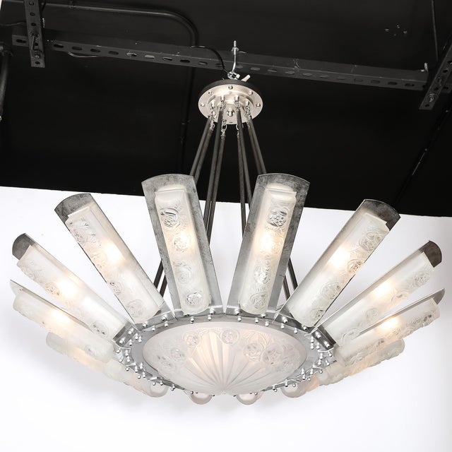Art Deco Art Deco Geometric Frosted Glass & Nickeled Starburst Chandelier Signed Degué For Sale - Image 3 of 18