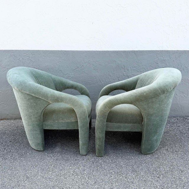Postmodern Sculpted Sage Mint Green Velvet Lounge Chairs - A Pair For Sale - Image 4 of 12