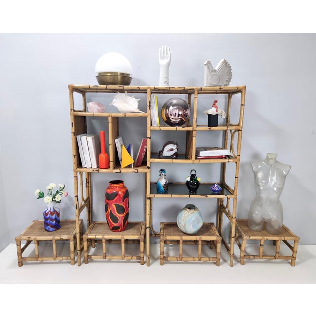 Postmodern Postmodern Bamboo Bookcase with Smoked Glass Shelves by Vivai del Sud, Italy, 1970s, Set of 5 For Sale - Image 3 of 18