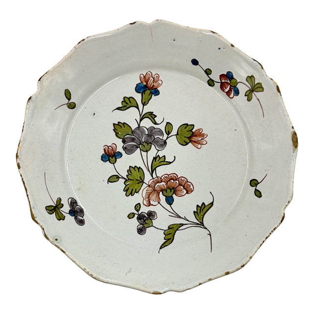 Antique 18th Century French Faience Floral Plate For Sale