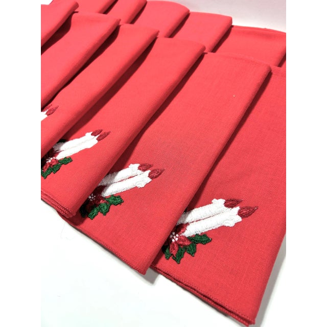 1970s Vintage Embroidered Christmas Linen Napkins – Poinsettia & Candle Holiday Table Linens, Set of 12 For Sale - Image 5 of 5