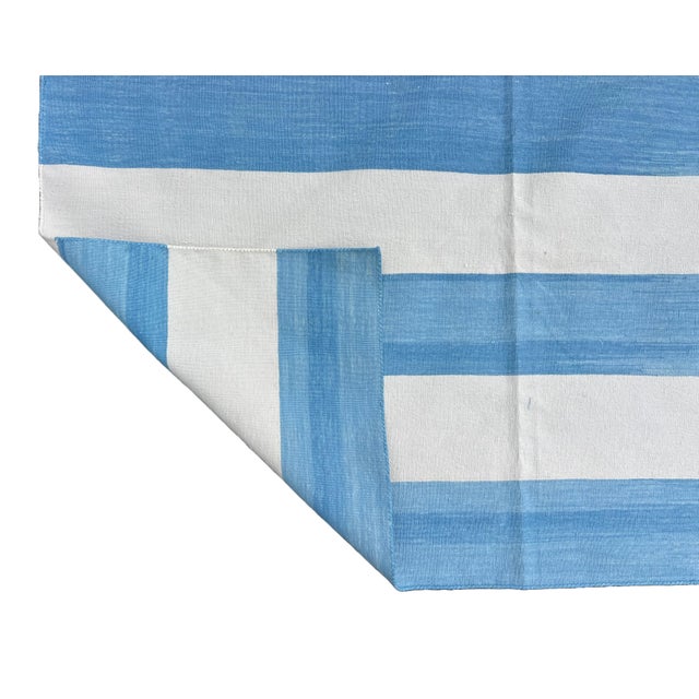 Casa Cosima Handmade Cotton Area Rug, Natural Vegetable Dyed, Sky Blue and White Striped Dhurrie - 10'x14' For Sale - Image 4 of 12