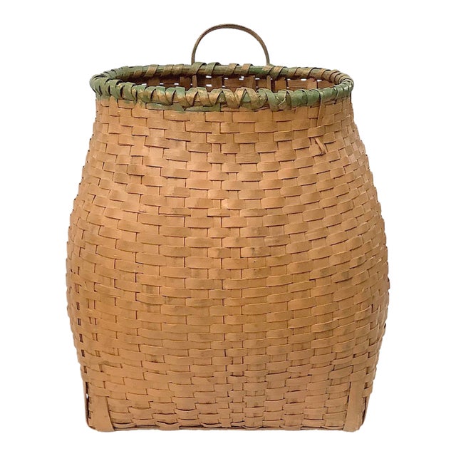 Circa 1940s Splint Pack Basket in Ochre/Green Paint For Sale