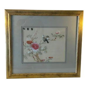 Vintage Embroidered Panel Chinese Silk Cotton Embroidered Bird Motif Textile Art