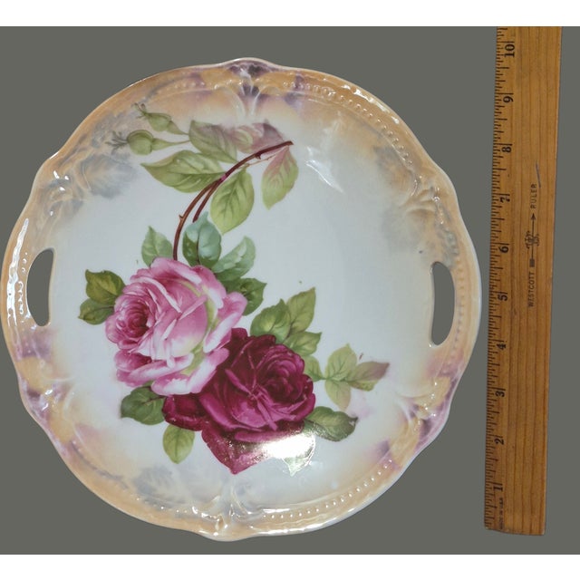 Mid 20th Century Vintage Romantic Roses Luster Edge Pierced Handles Serving Dissert Platter From Germany For Sale - Image 5 of 7