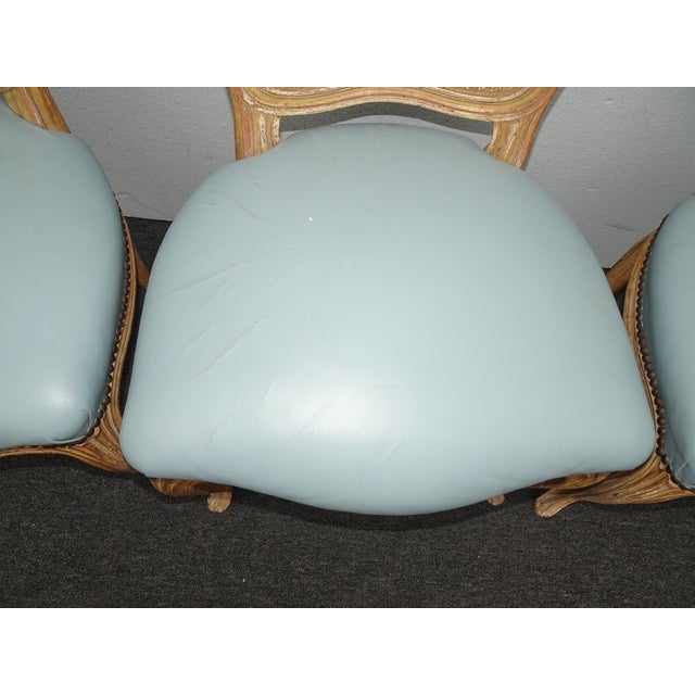 Set of Four Vintage French Provincial Louis XVI Blue Leather Cane Dining Chairs For Sale - Image 9 of 12