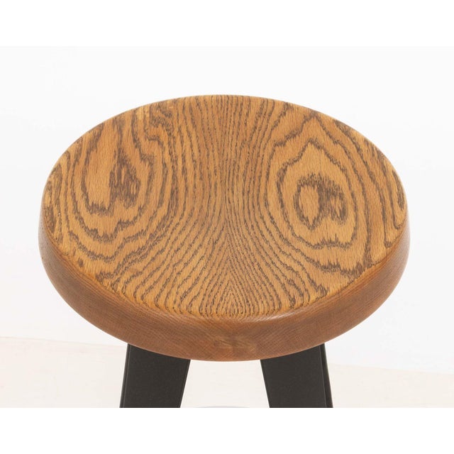 Pair of After Jean Prouve Circular Oak Seat Bar Stools For Sale - Image 10 of 10