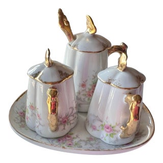 Antique Porcelain Condiments Salt, Pepper and Sugar With Tray- 4 Pieces For Sale