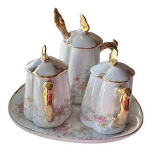 Antique Porcelain Condiments Salt, Pepper and Sugar With Tray- 4 Pieces