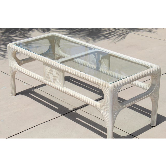 Eggshell Vintage 1980s Coastal Pencil Reed Rattan & Glass Coffee Table For Sale - Image 8 of 16