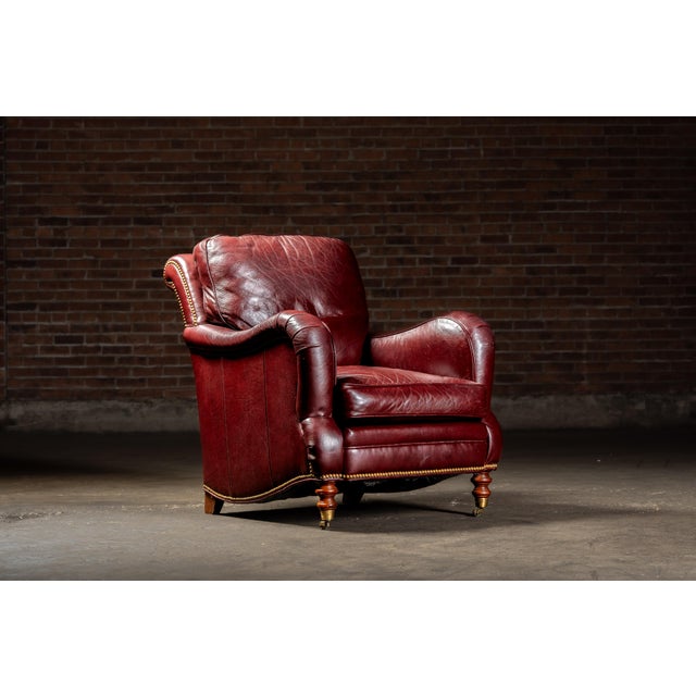 Late 20th Century Pair of Plush Leather Armchairs With Ottoman in Burgundy For Sale - Image 4 of 18