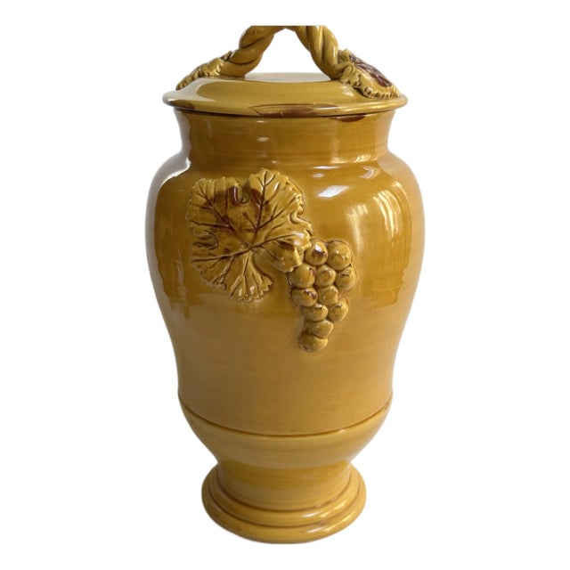 1980s Arte Italica "Sole Mustard" Collection Ceramic 15" Tall Yellow Jar With Lid Greaps and Leaves Design Made in Italy For Sale