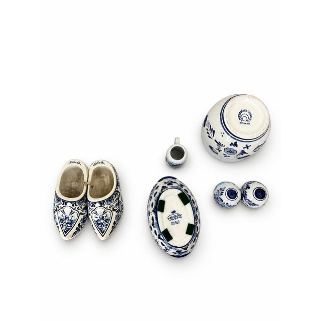 Vintage Dutch Blue and White Delft-Style Ceramic Pottery Set of 7 For Sale - Image 11 of 11
