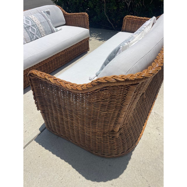 Vintage Braided Wicker Sofas, Michael Taylor Style With New Perennials Upholstery For Sale - Image 11 of 14