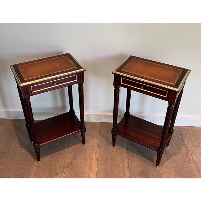 1940s 1940s mahogany & brass side tables with leather tops in Maison Jansen Style - a Pair For Sale - Image 5 of 12
