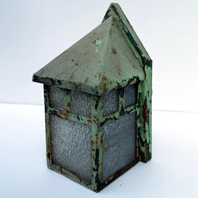 A gorgeous antique craftsman style outdoor lantern. Metal and textured art glass, including incredible green painted...