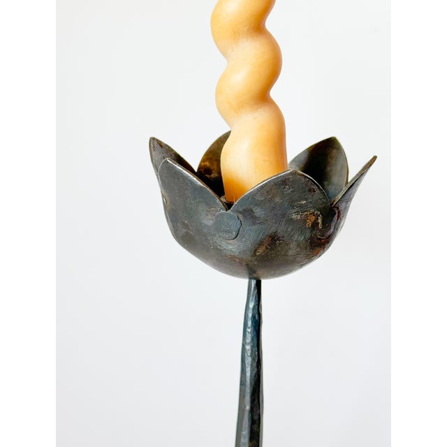 English Vintage Rustic Iron Tulip Candlestick Holders- Set of 2 For Sale - Image 3 of 11