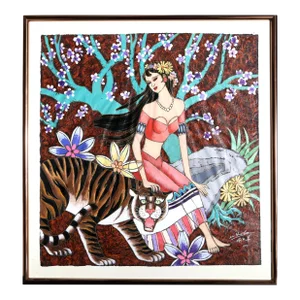 Woman and Tiger, Xinhua Lin Acrylic on Paper, Signed L.r.