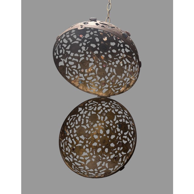 Metal Vintage Japan Ornate Cut Out Brass Hanging Lamp Light Fixture W Faceted Jewels For Sale - Image 7 of 10