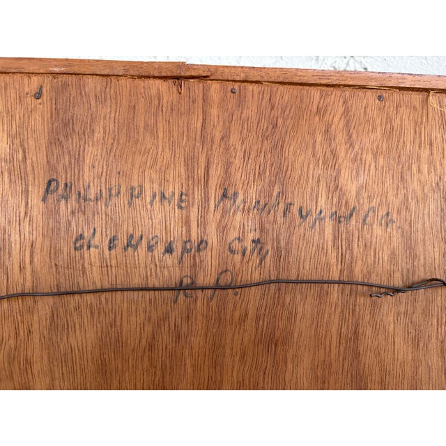 Vintage 1960s Philippine Hand-Carved Teak Folk Dancers Wall Relief on Hessian, 3d Mid-Century Tiki Art For Sale - Image 9 of 9