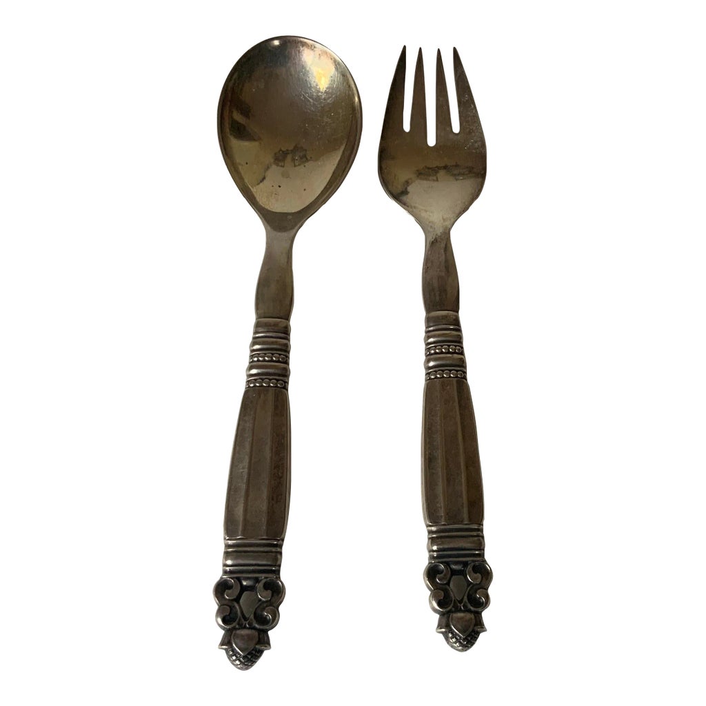 1920s Georg Jensen Sterling Salad Spoon & Fork Set- a Pair | Chairish