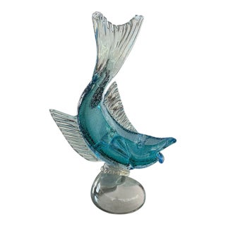 Mid Century Modern Murano Italian Art Glass Blue Fish For Sale