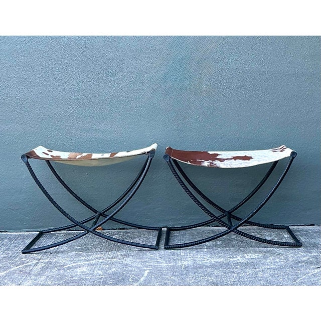 Vintage Rebar Cowhide Sling Benches - A Pair For Sale - Image 11 of 12