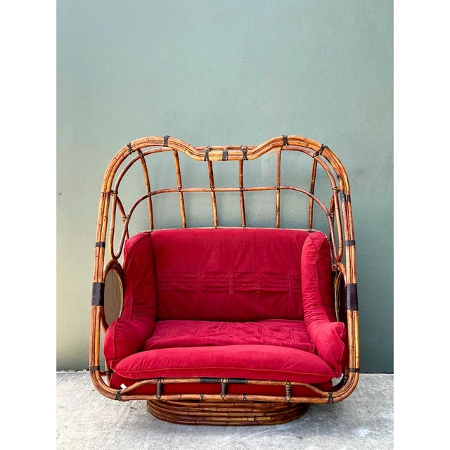 Wood Vintage Bent Rattan Swivel Lounge Chair With Flip Down Side Tables For Sale - Image 7 of 12
