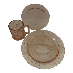Vintage Pink Depression Glass Nursery Rhyme Set- 3 Pieces