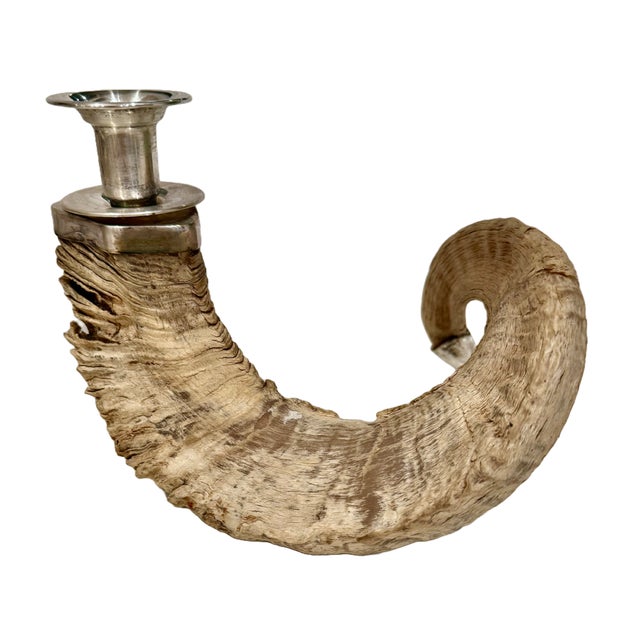 Large 1960s Curly Ram Horn & Silver Candlesticks For Sale - Image 9 of 13
