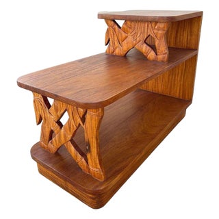 1940s Restored Hand Carved Koa Wood 3 Tiered Side Lamp Table W/ Bamboo Motif For Sale