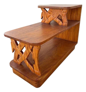 1940s Restored Hand Carved Koa Wood 3 Tiered Side Lamp Table W/ Bamboo Motif