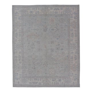 Modern Oushak in All-Over Floral Design With Light Gray Background and Neutral Colors For Sale