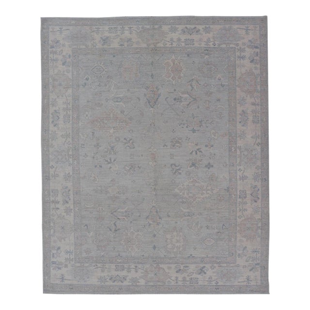 Modern Oushak in All-Over Floral Design With Light Gray Background and Neutral Colors For Sale
