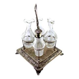 Cruet Set with Silver Structure and Acid-Etched Glass Cruets and Salt Shaker, Set of 5 For Sale